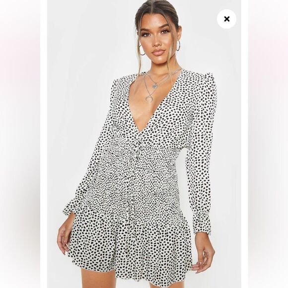 PrettyLittleThing Beige Dalmatian Print Shirred Frill Hem Bodycon Dress - Picture 1 of 6